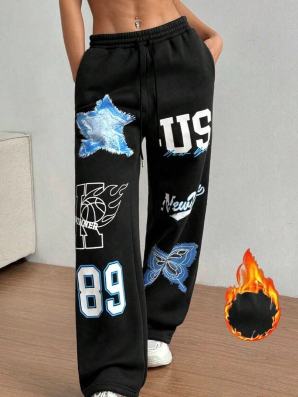 Black Oversized Graphic Patch Joggers with Blue Accents NY 🔥